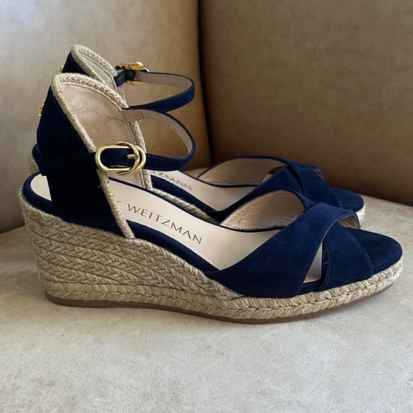 Stuart Weitzman Mirela II Espadrille Wedge Sandal Navy Suede/Natural 7.5C Casual - Picture 2 of 13